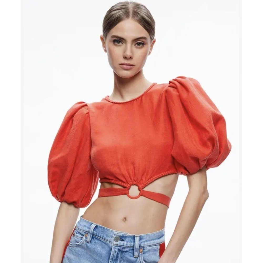 Alice + Olivia Colette Crop Top Medium Red Puff Sleeve Cutout Tie Waist Linen